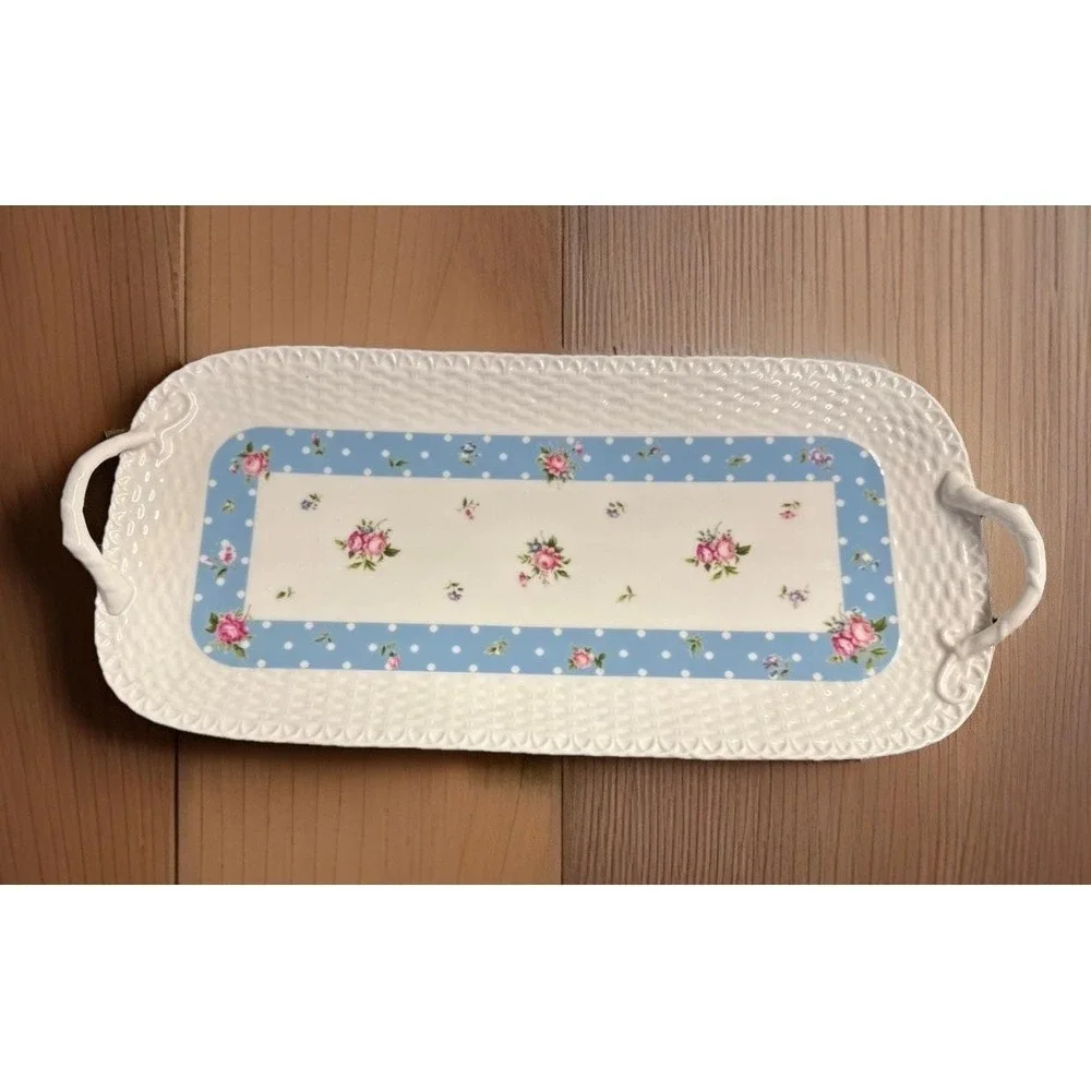 Nantucket Home Blue Polka Dot Rose Floral Wicker Embossed Handled Tray 14 5/8